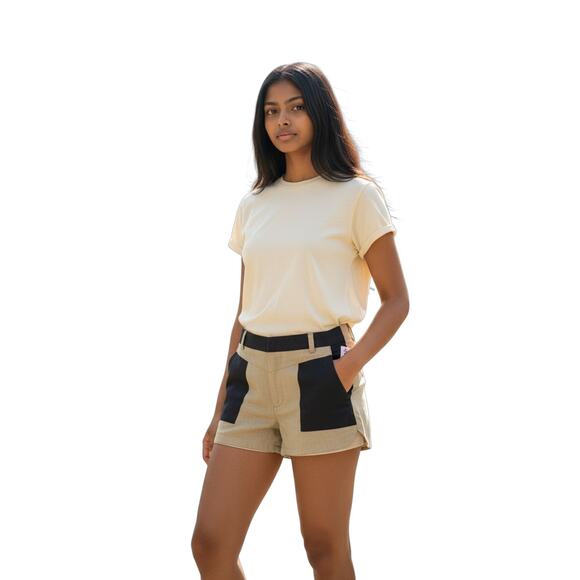 NIKIBIKI Linen Colorblock Shorts Tan Womens Large - Picture 1 of 5